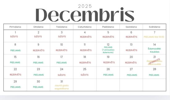 Pieejamie datumi Jūsu pasākumam decembrī